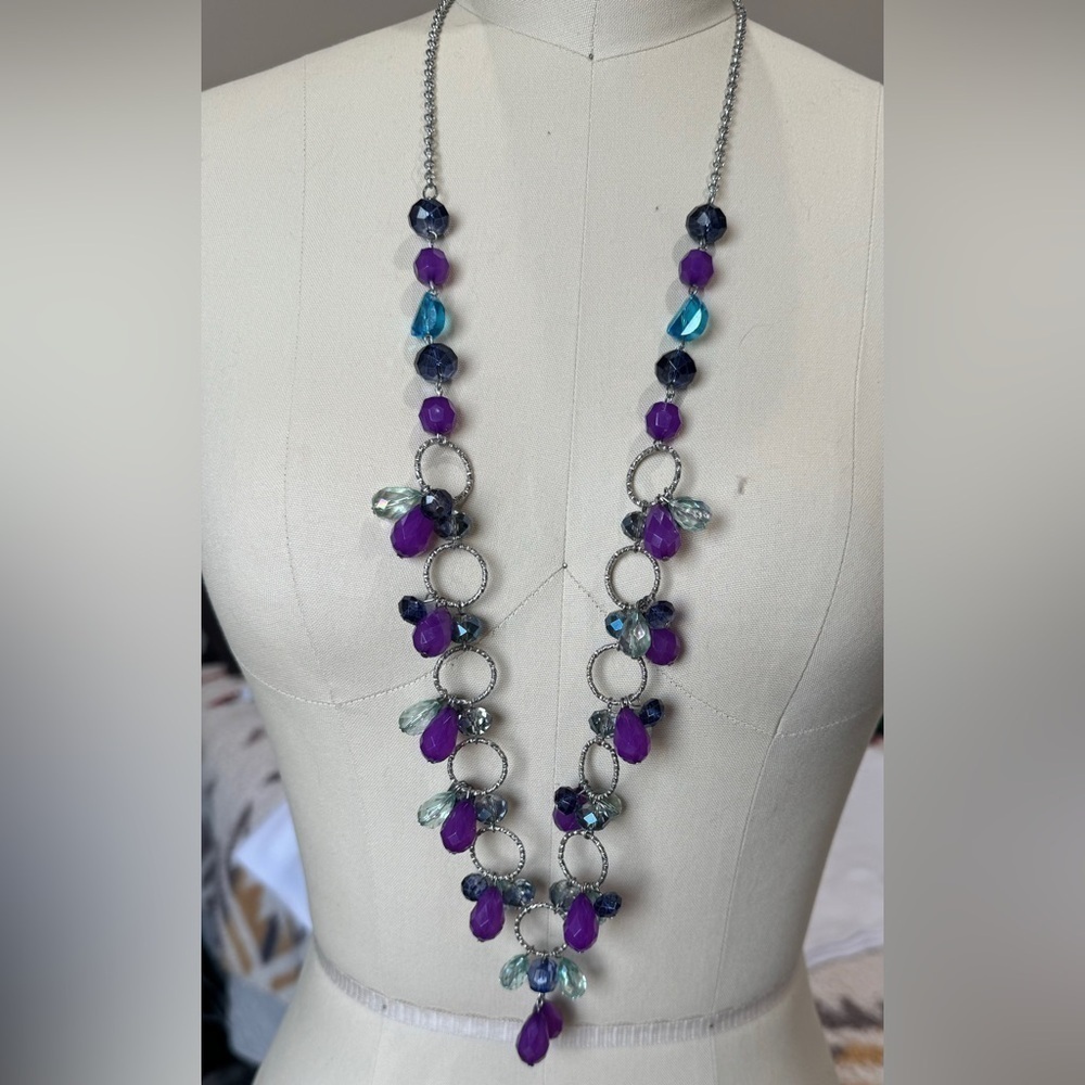 Fashion purple blue silvertone bead circle link long 34” adjustable necklace EUC
